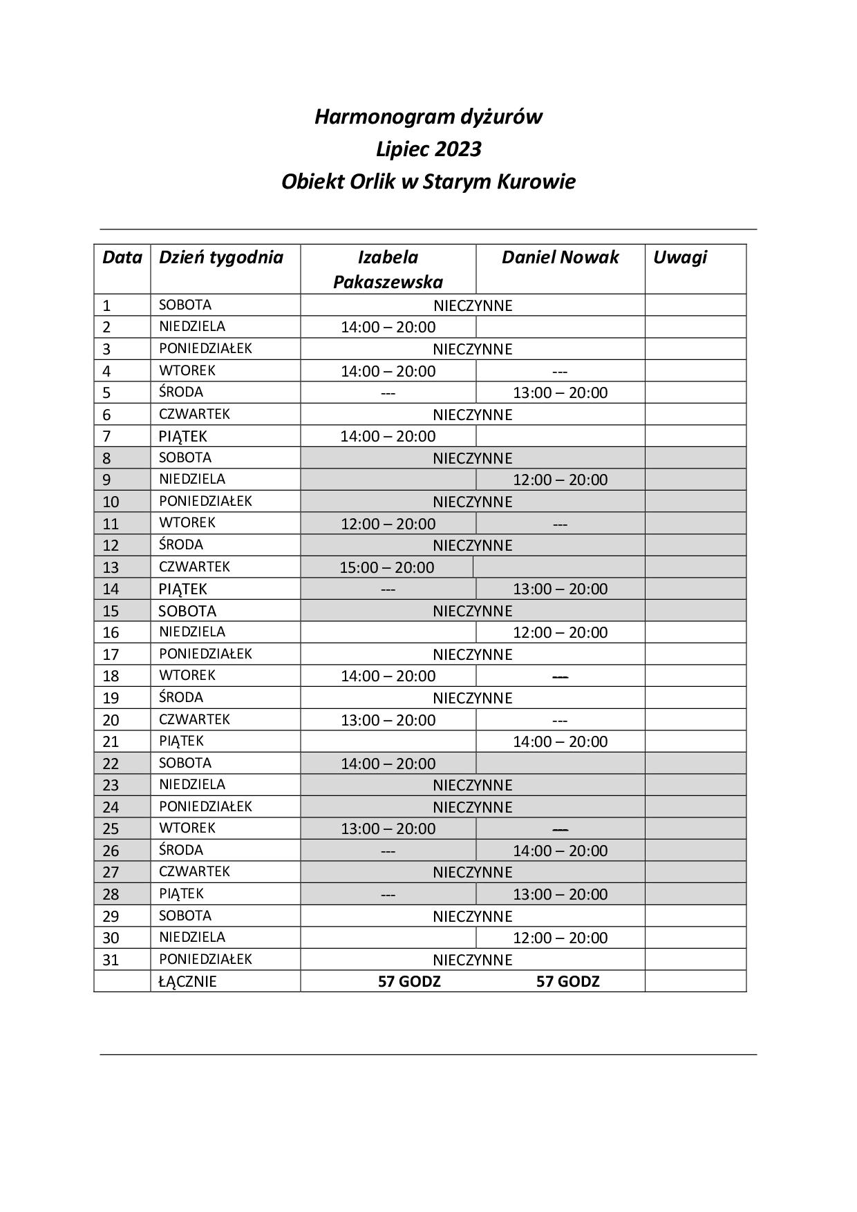 Harmonogram Dyżurów - Kompleks Boisk Sportowych ORLIK - LIPIEC - Urząd ...