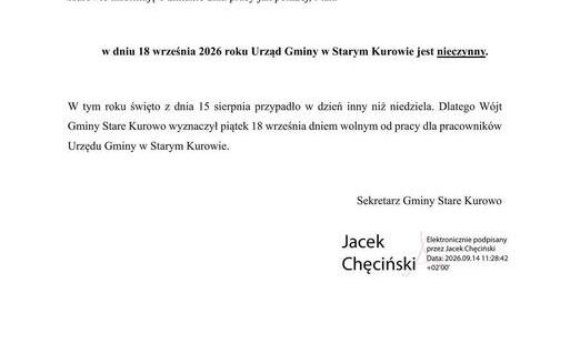 Zdjęcie do Urząd Gminy Stare Kurowo nieczynny 18.09.2026r.