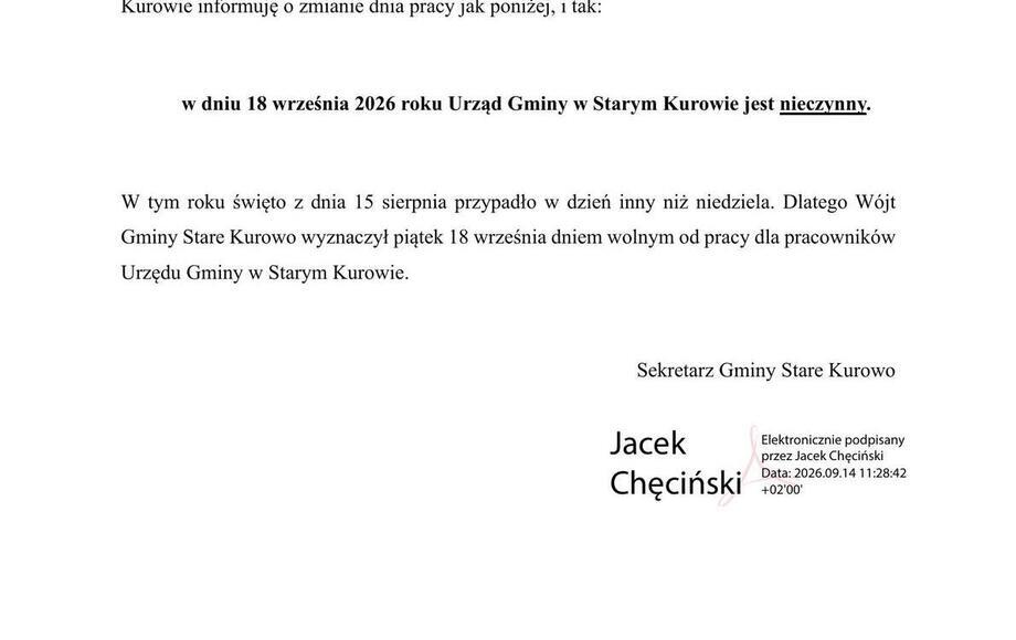 Urząd Gminy Stare Kurowo nieczynny 18.09.2026 r.