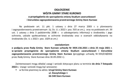 Zdjęcie do Ogłoszenie W&oacute;jta Gminy Stare Kurowo o przystąpieniu do sporządzenia zmiany Studium uwarunkowań i kierunk&oacute;w zagospodarowania przestrzennego Gminy Stare Kurowo