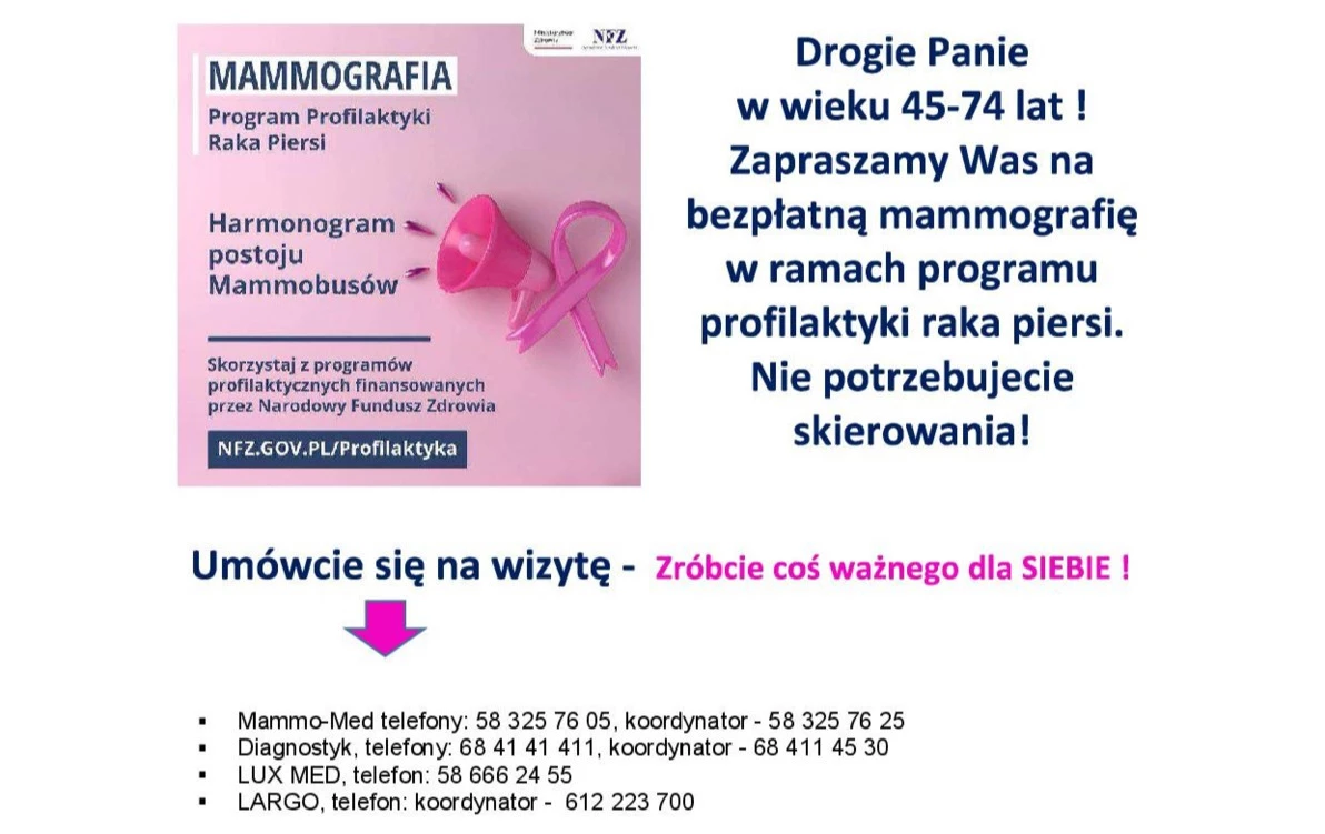 mammografia program profilaktyki raka piersi napis na różowym tle.