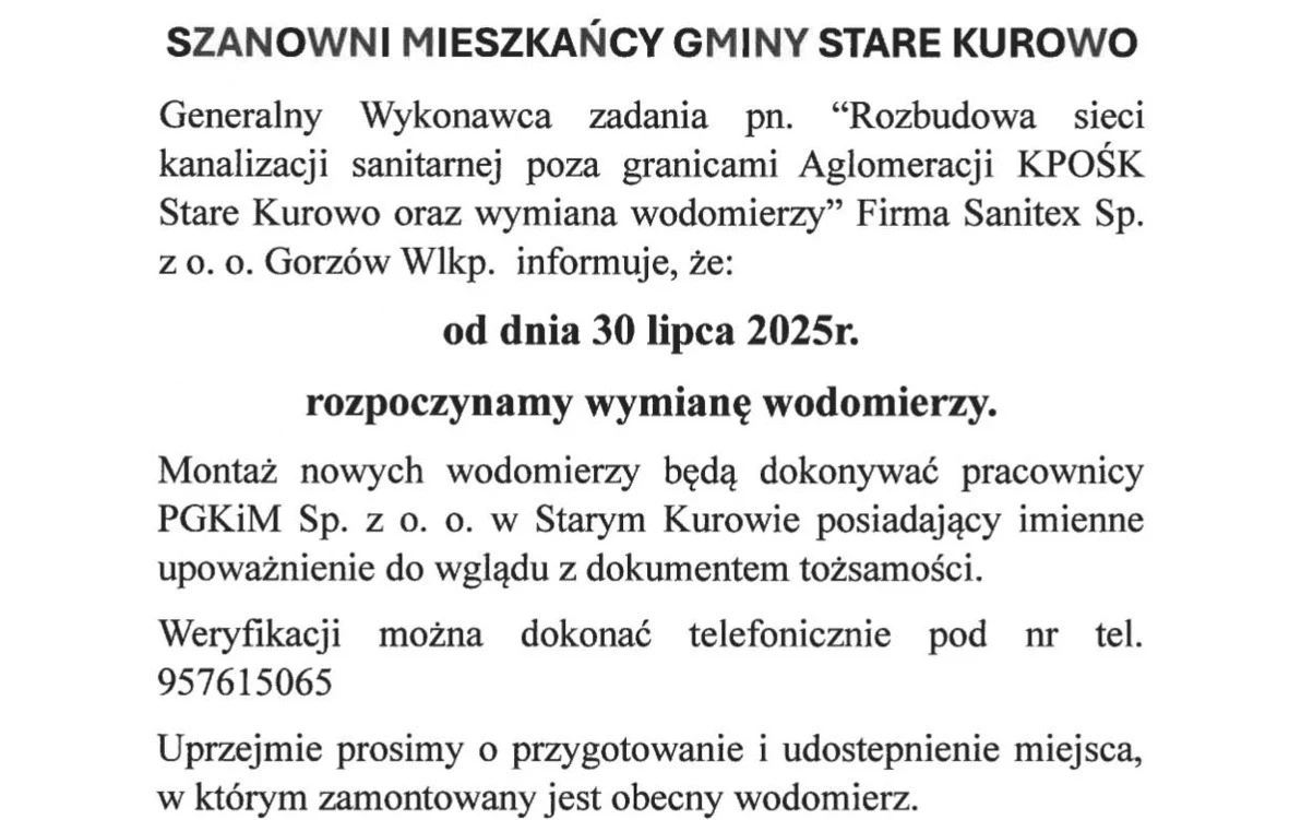 logo żółte z napisem sanitex obok logo PGKiM poniżej infomracja o wymianie wodomierzy na terenie gminy Stare Kurowo. 