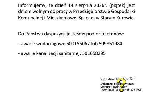 Ogłoszenie PGKiM Stare Kurowo